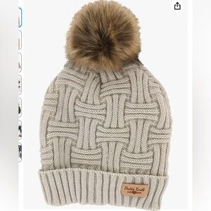 Britt’s Knits tan plush lined knit beanie with Pom Pom One Size
